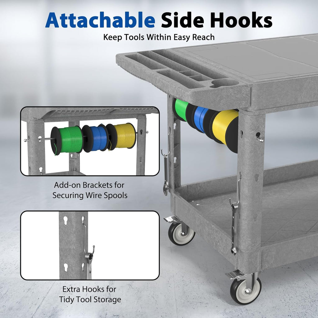 Heavy Duty Flat Top Utility Cart with Wheels 2-Tier Utility Plastic Service Work Cart for Shop