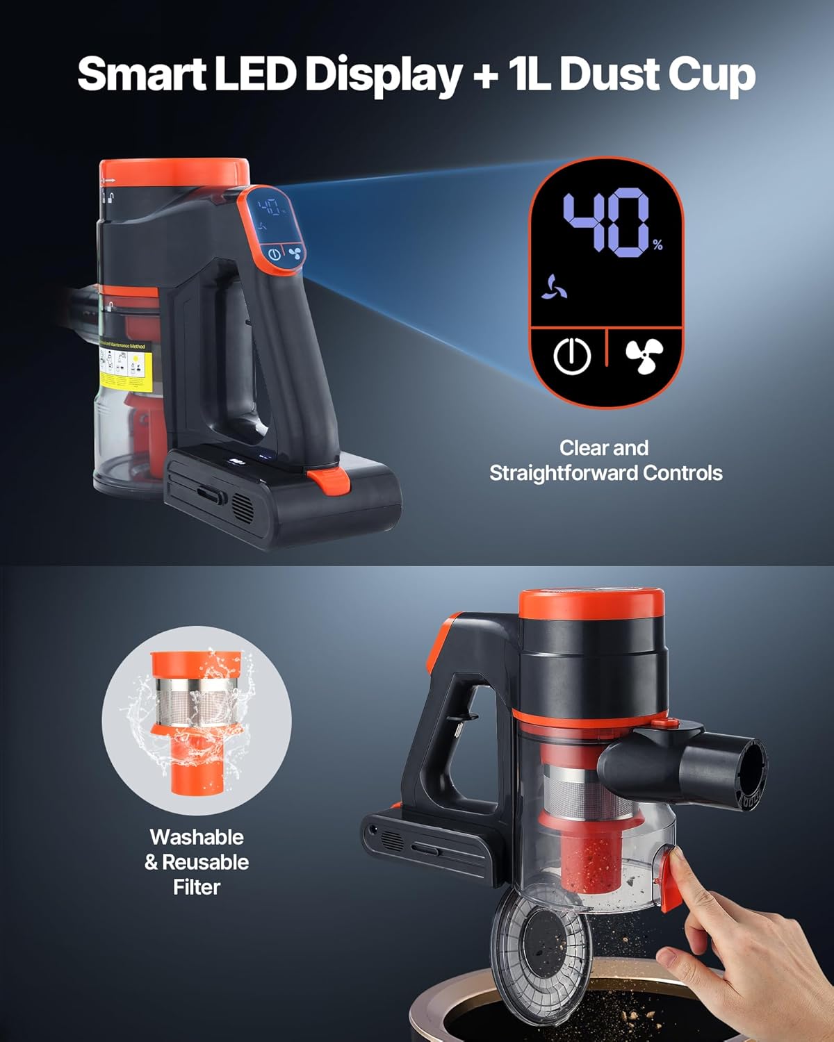 VEVOR Cordless Vacuum Cleaner, 40KPA Max Suction, Rechargeable Anti-Tangle Stick Vacuum with LED