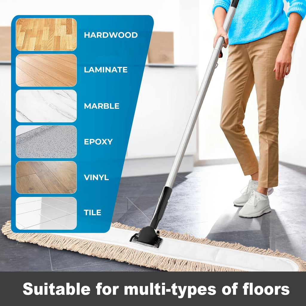 Commercial Dust Mop & Floor Sweeper，48" Industrial Dry Mop with Heavy Duty Long Handle, Premium