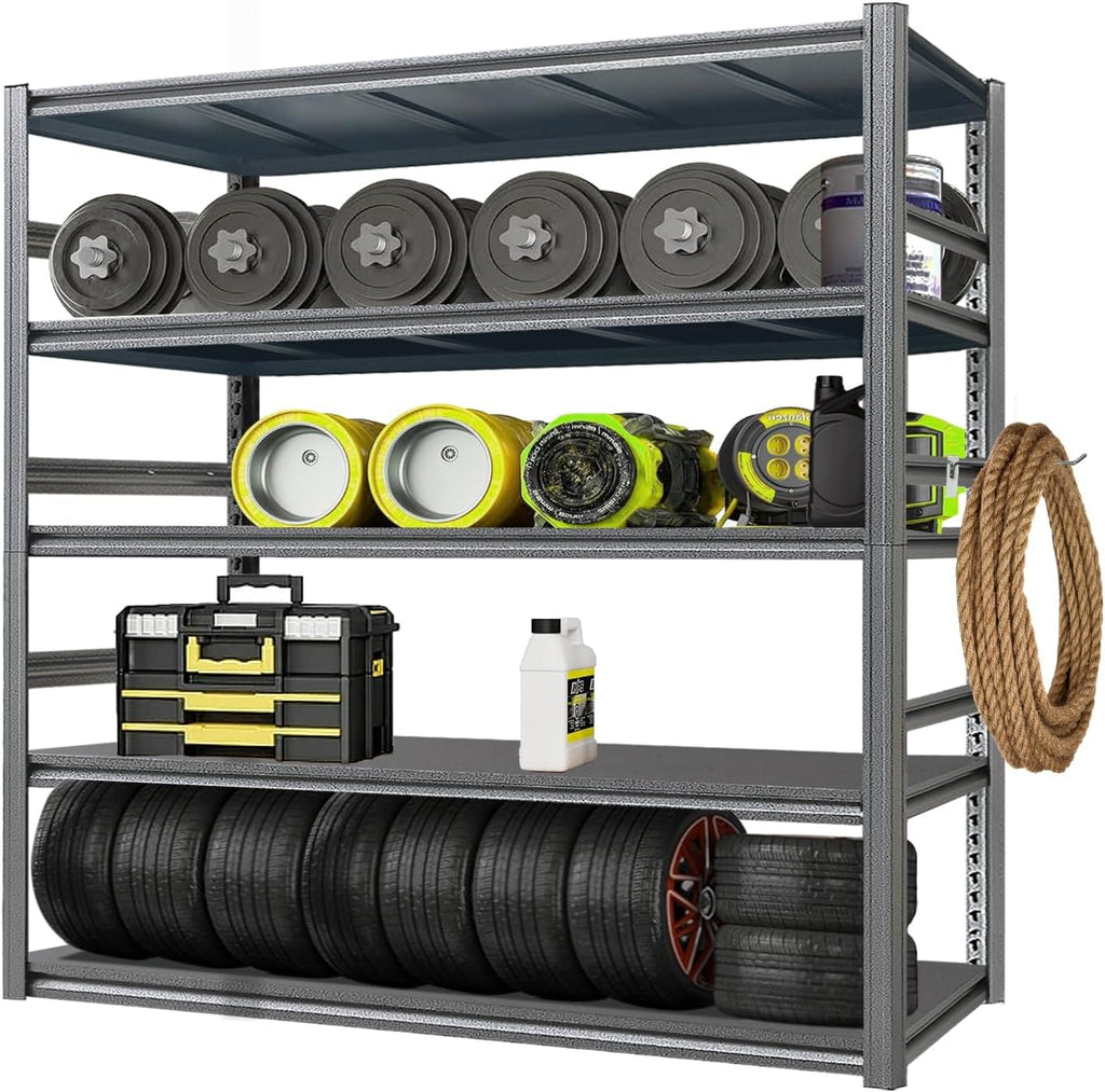 Storage Shelf 5-Tier Garage Shelving, Industrial Shelving with Guardrails, 2500LB Boltless Metal