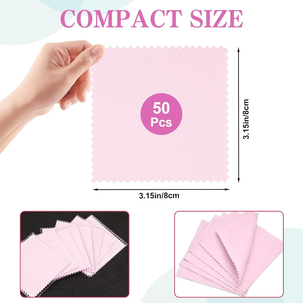 50 Pack Jewelry Polishing Cloth, 3.15" x 3.15" Pink Cleaning Cloths, Small Silver Cleaning &