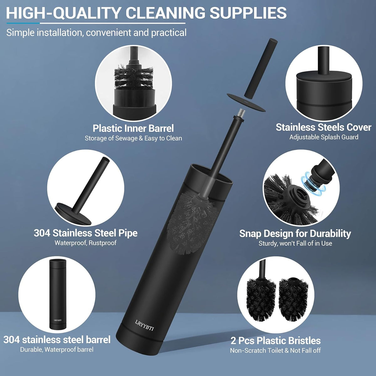 Stainless Steel Toilet Brush with Holder, 2 Black Bristle Heads