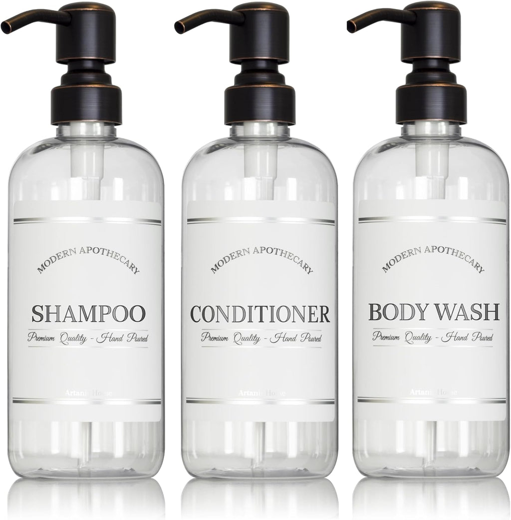 Clear Refillable Shampoo, Conditioner, and Body Wash Bottles - PET Plastic Shampoo Bottles