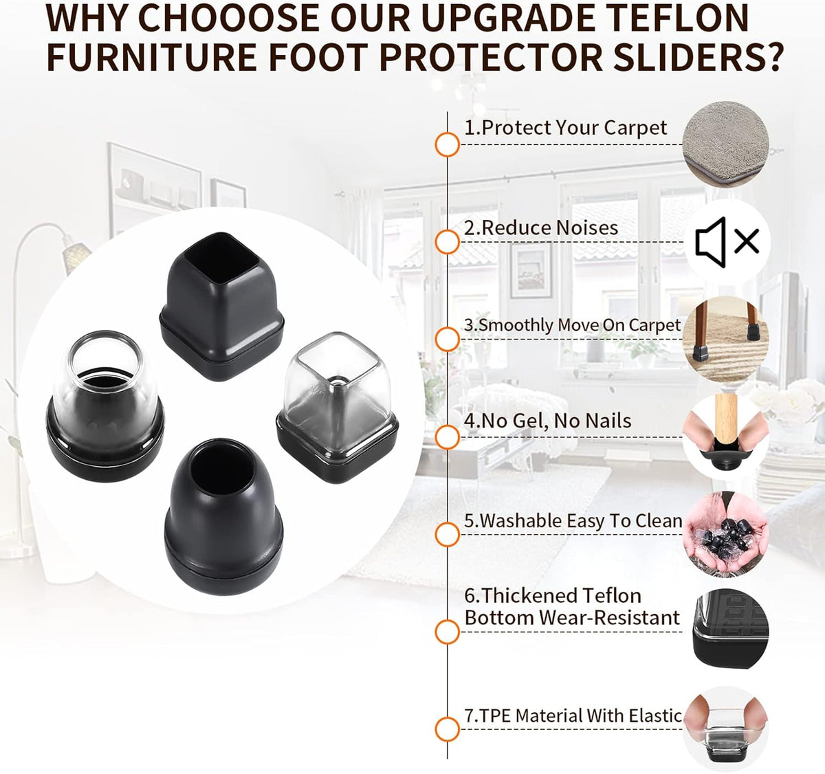 Ezprotekt 24 Pcs Extra Small Chair Leg Sliders for Carpet, Black Round Teflon Furniture Pads for