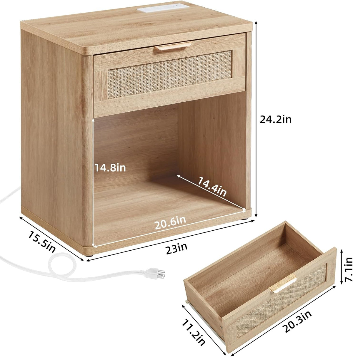 LEYAOYAO Rattan Nightstands Set of 2 with Charging Station, 23" Wide Boho Night Stand with Drawer