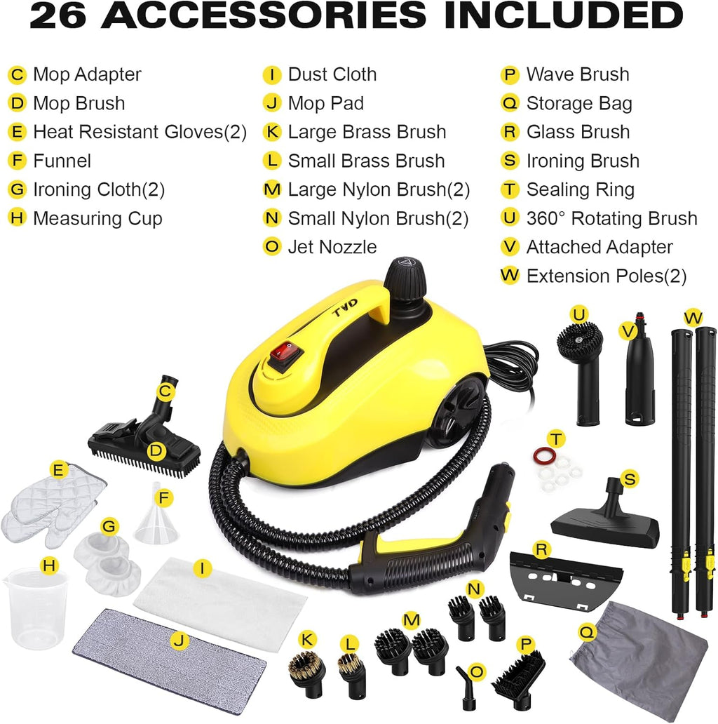 TVD Steam Cleaner, Heavy Duty Canister Steamer with 26 Accessories, Steam Mop with 5M Extra-Long