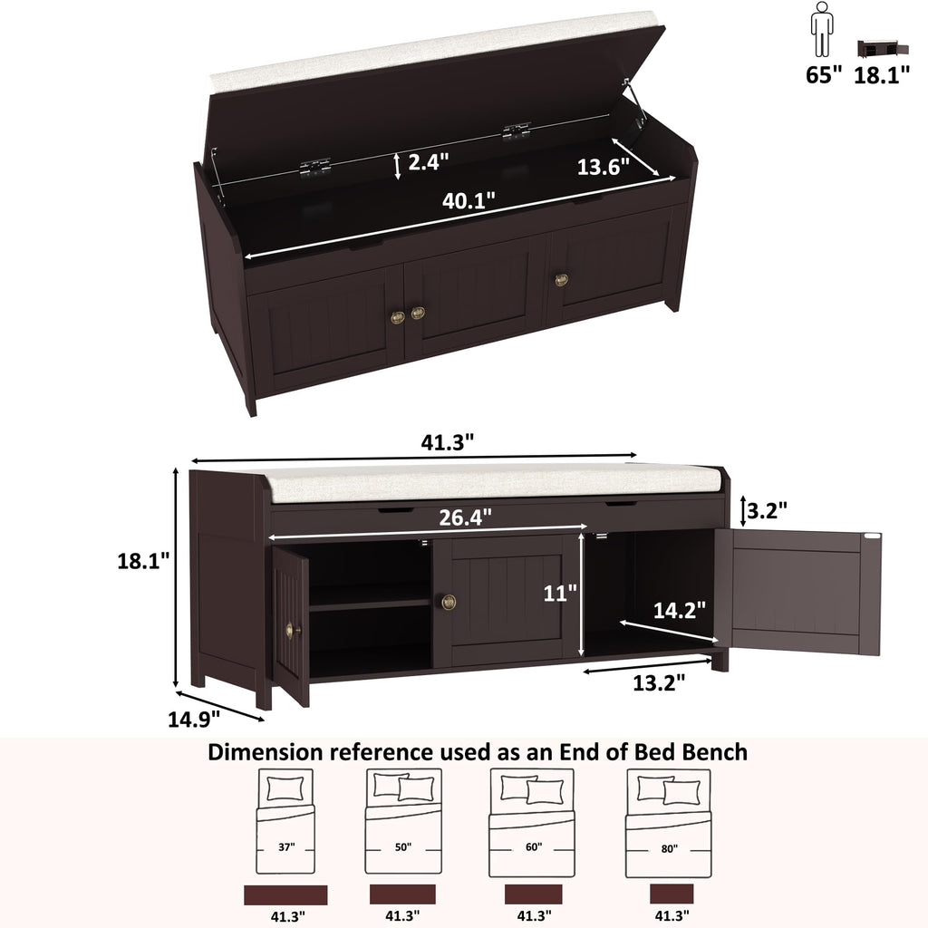 HOMEFORT 41.3" Shoe Bench with Lift Top Storage, Entryway Bench with Cushioned Seat, Wooden End of