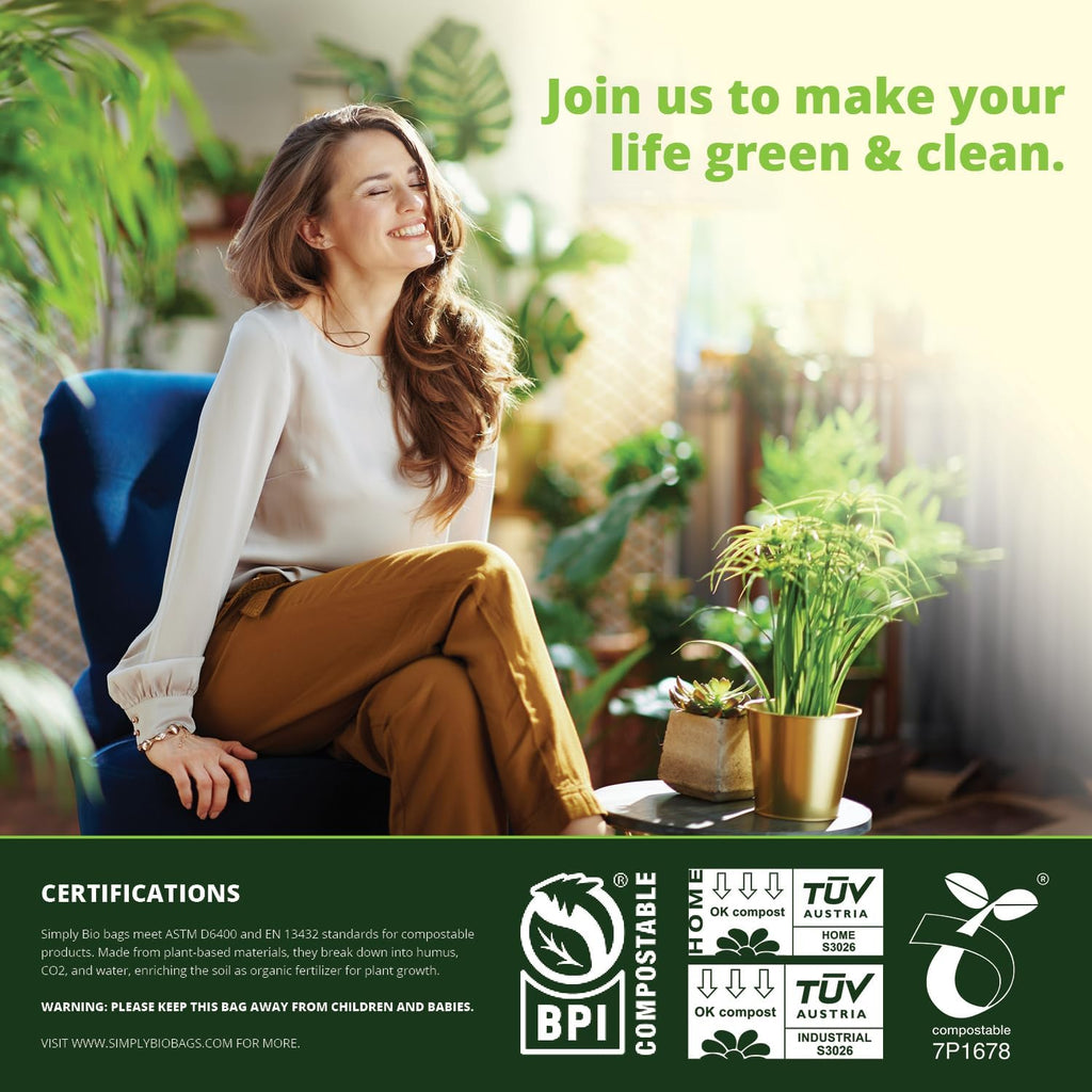 Simply Bio 13 Gallon Compostable Trash Bags Liners with Handle-Tie, Thick 0.87 Mil, 49.21 Liter, 30