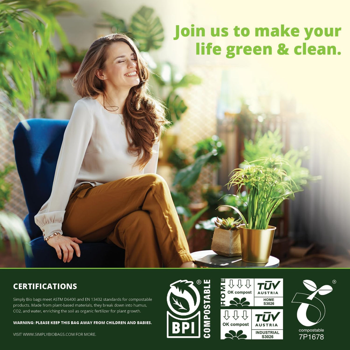 Simply Bio 50-55 Gallon Compostable Trash Bags Liners Flat-Top, Heavy Duty Extra Thick 1.57 Mil