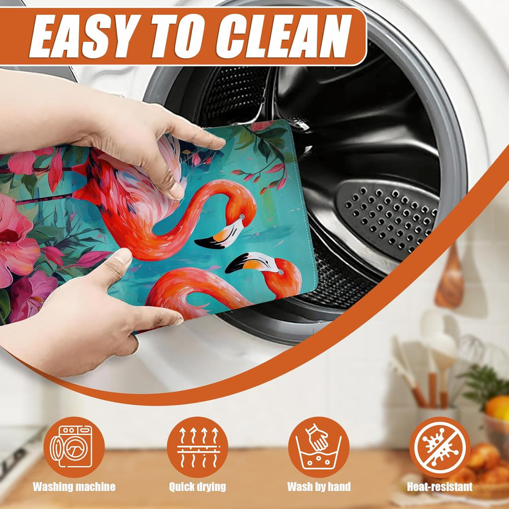 Tropical Flower Flamingo Dish Drying Mat for Kitchen Counter Microfiber Absorbent Dish Kitchen