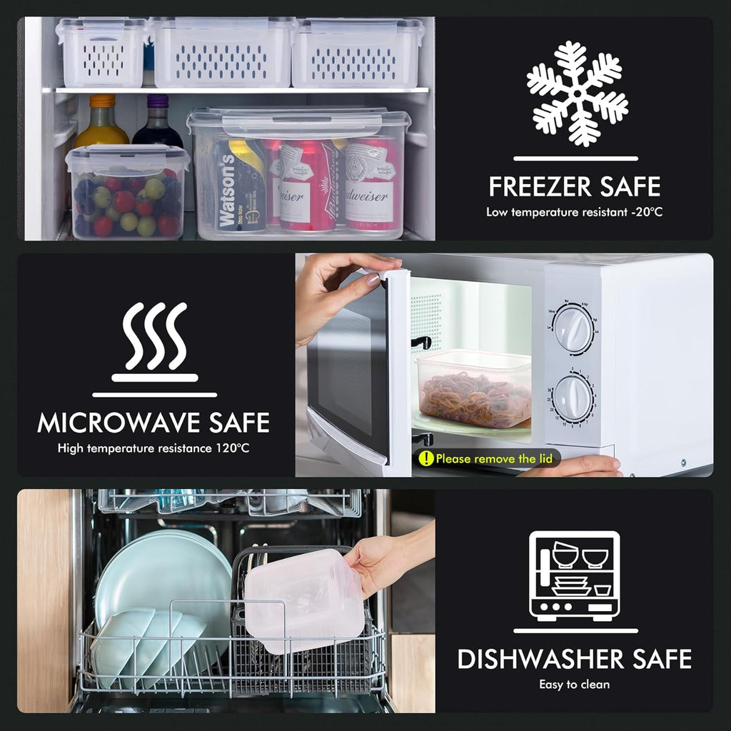 HOTEC 5-Pack Large Fruit Storage Container for Fridge Leak proof with Removable Colander, BPA Free