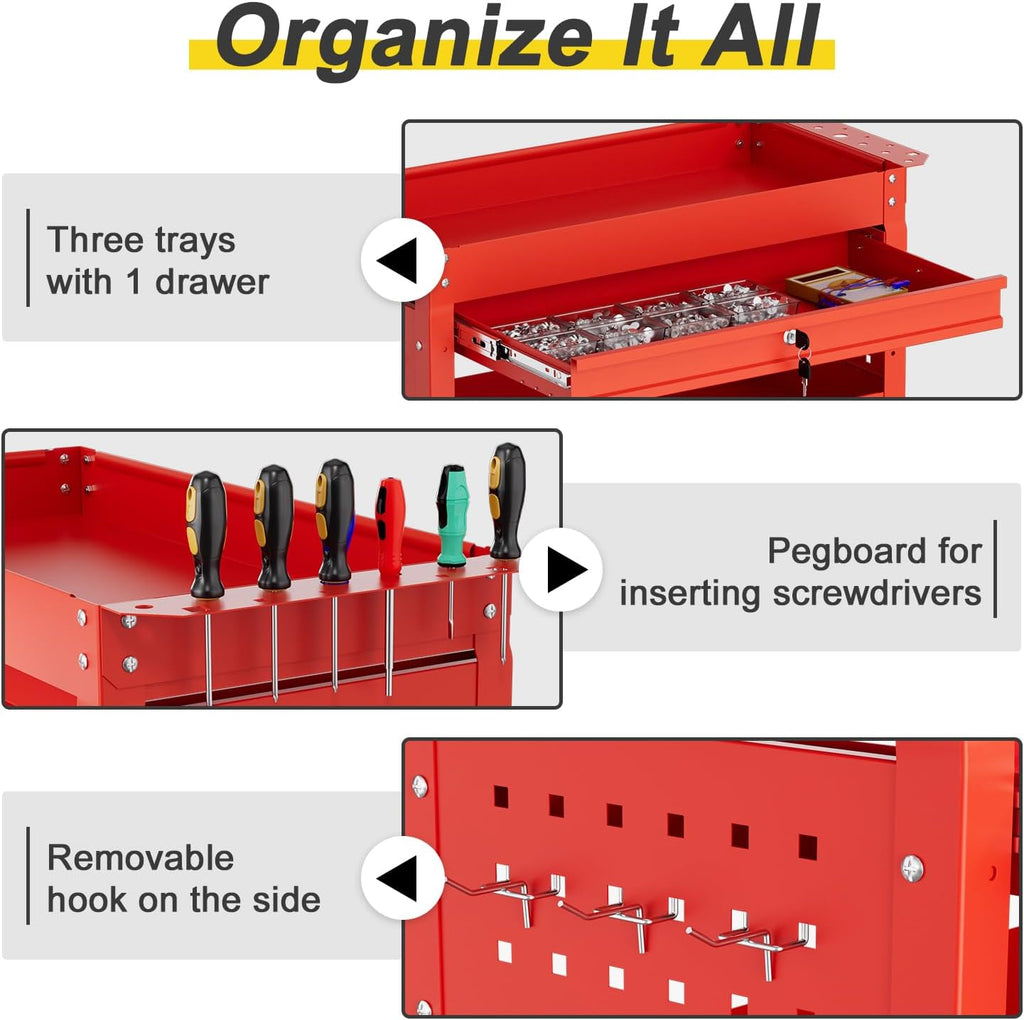 3-Tier Rolling Tool Cart with Drawers, Heavy Duty Utility Storage Cart with pegboard, Lockable