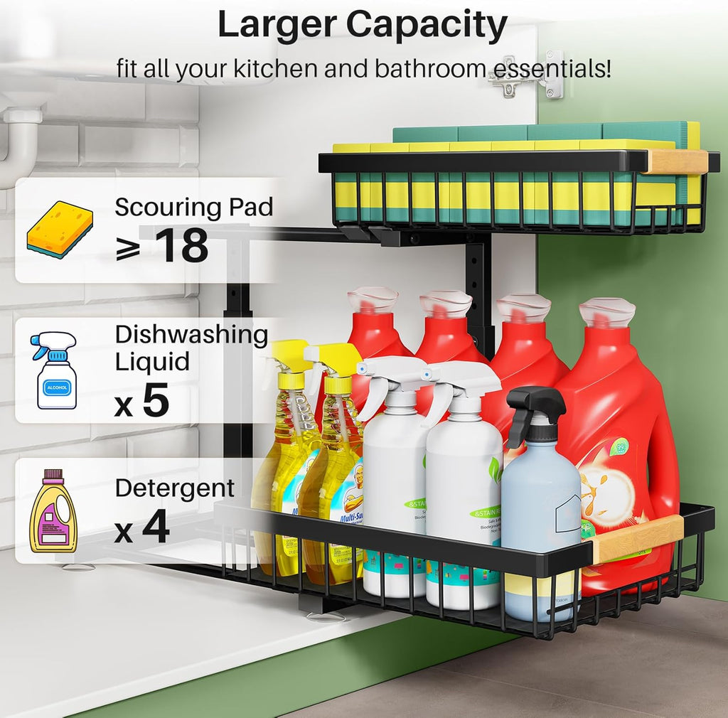 Under Sink Organizer, 2 Packs 2 Tier Under Sink Organizers and Storage, Slide out Pull out Cabinet