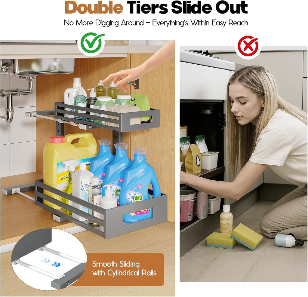 2-Pack Under Sink Organizers and Storage,2-Tier L Shape Pull Out Cabinet Organizer With Round Tube