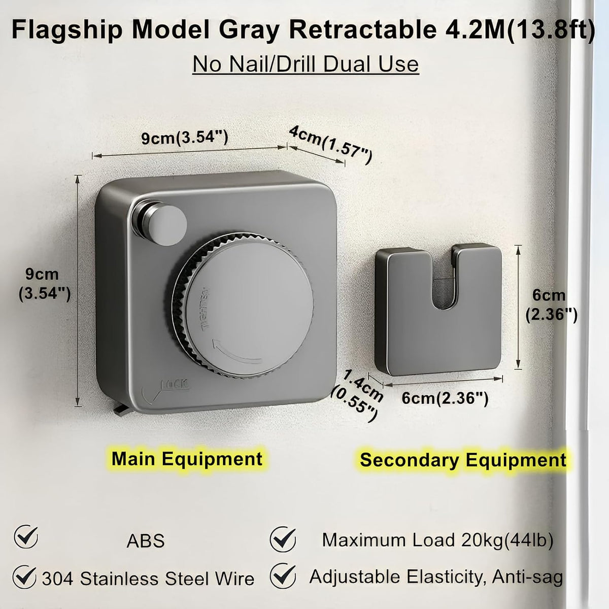 13.8ft(4.2M) Retractable Clothesline, Non-sag Clothesline, Indoor & Outdoor Heavy Duty Retractable