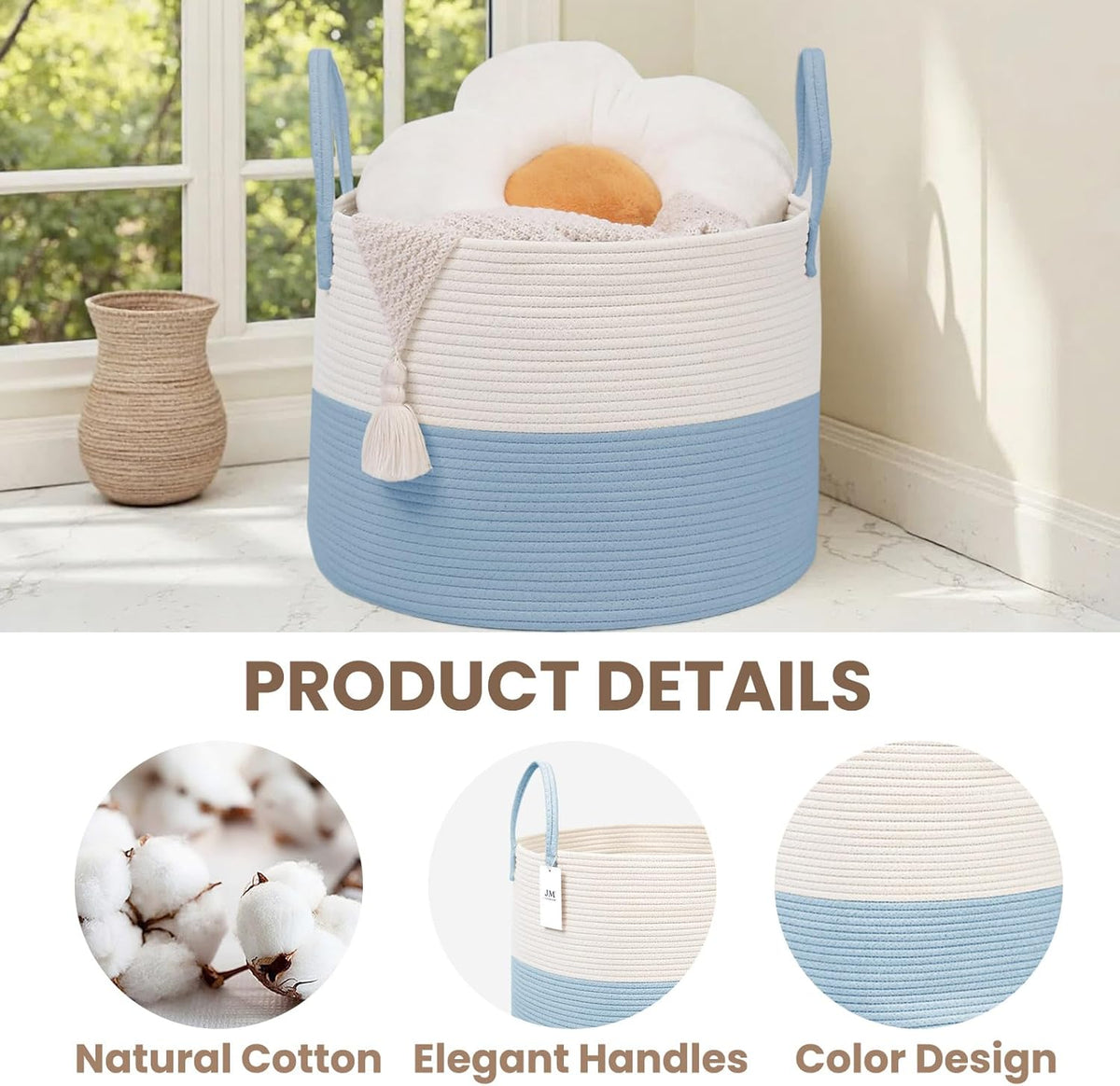 Woven Blanket Basket,115L Large Rope Storage Bin with Handles, Organizer for Blankets Toys Book and