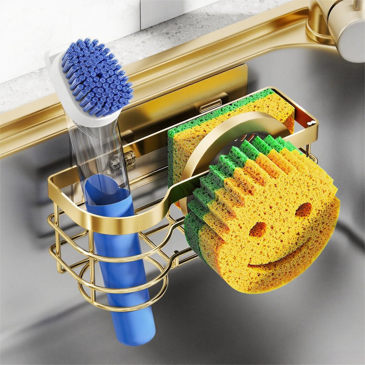 Cisily Gold Smiley Sponge Holder for Kitchen Sink Caddy, Stainless Steel Movable Brush Holder Dish