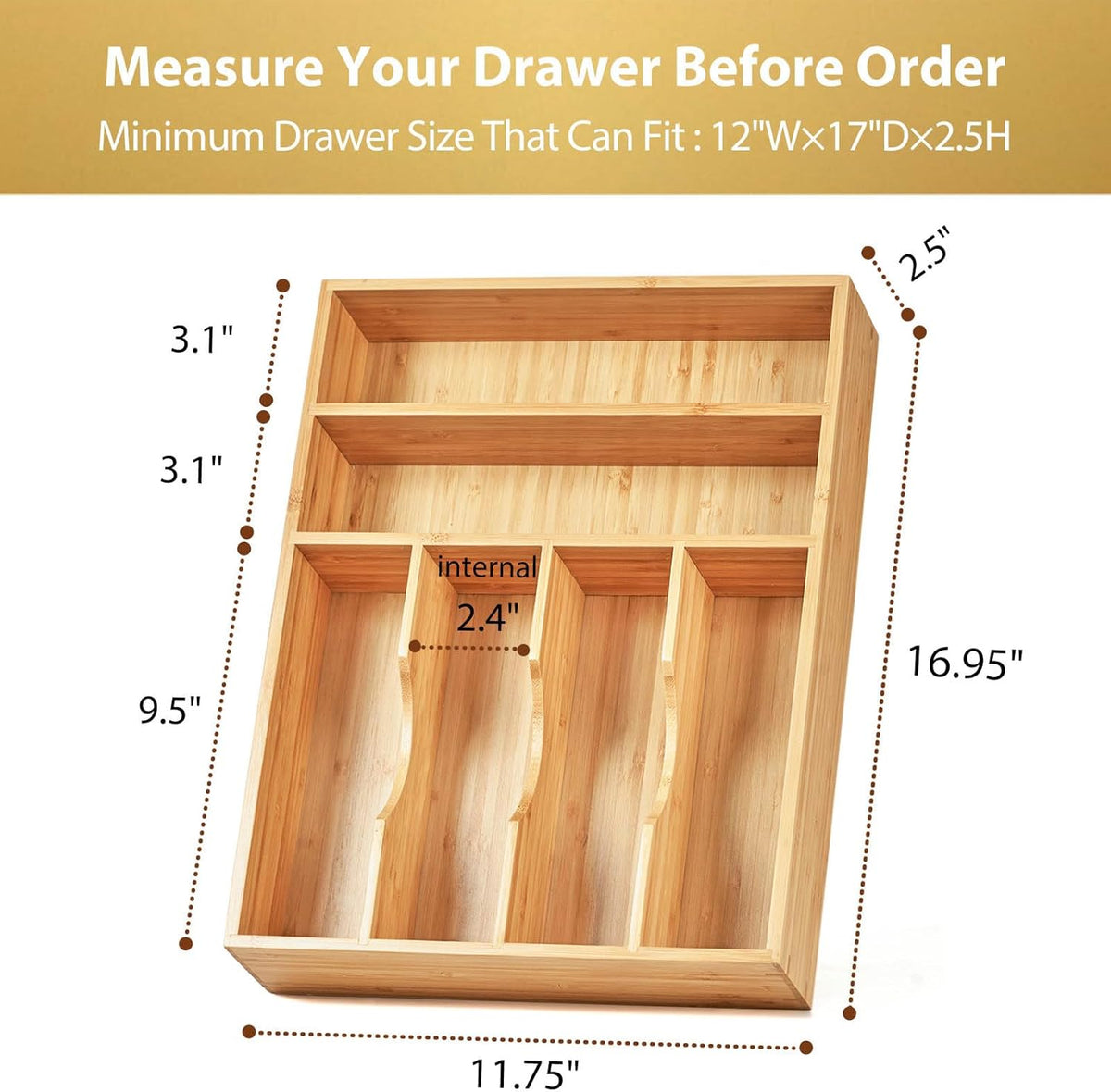 Umilife Kitchen Drawer Organizer, 12 Inch Silverware Utensil Tray Holder, Extra Deep, with Non-Slip