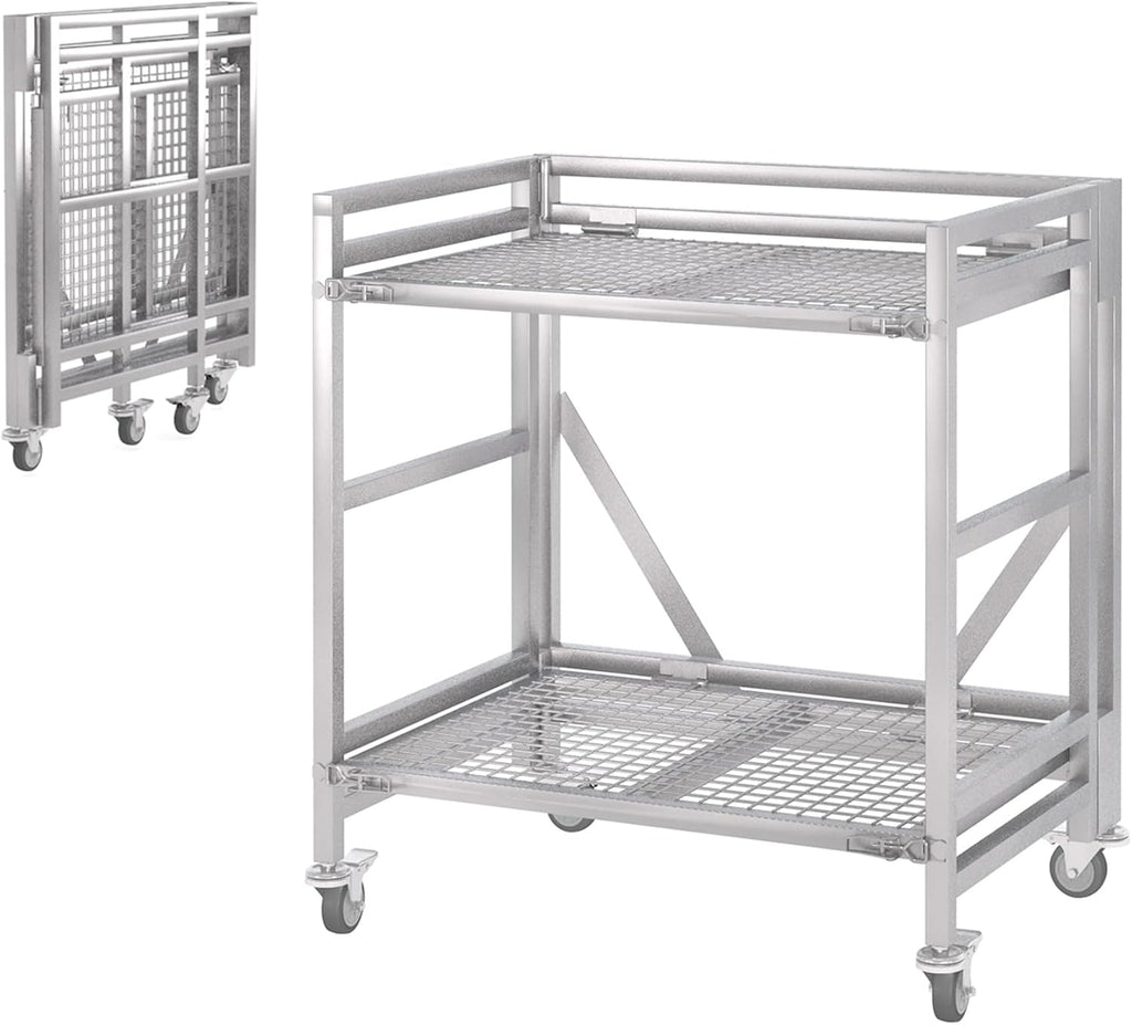 2 Shelf Rolling Cart with Wheels, 660lbs Capacity Collapsible Steel Rolling Utility Cart