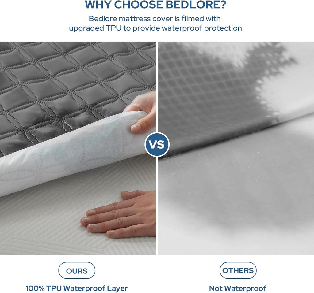 BEDLORE Waterproof Mattress Protector, Noiseless King Size Mattress Pad with Deep Pocket Fitted Up