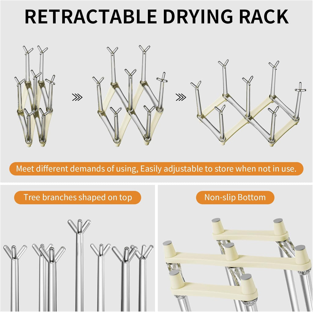 Marbrasse Retractable Cup Drying Rack, Drinking Glass and Sports Bottle Drainer Stand, Plastic Bag