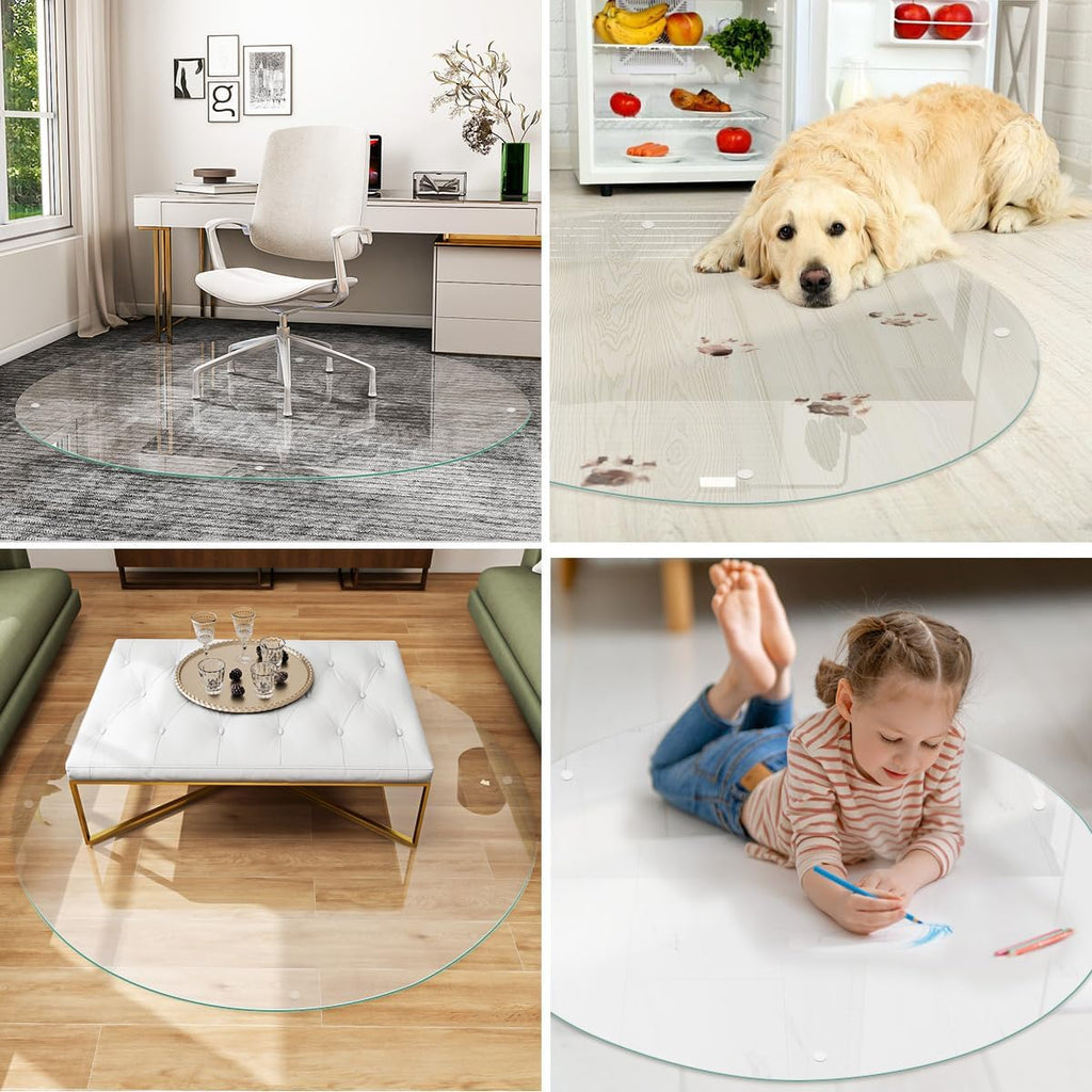 [Tempered Glass] 55" x 55" Round Glass Chair Mat, Heavy Duty Hard Floor Mat with Round Corner and