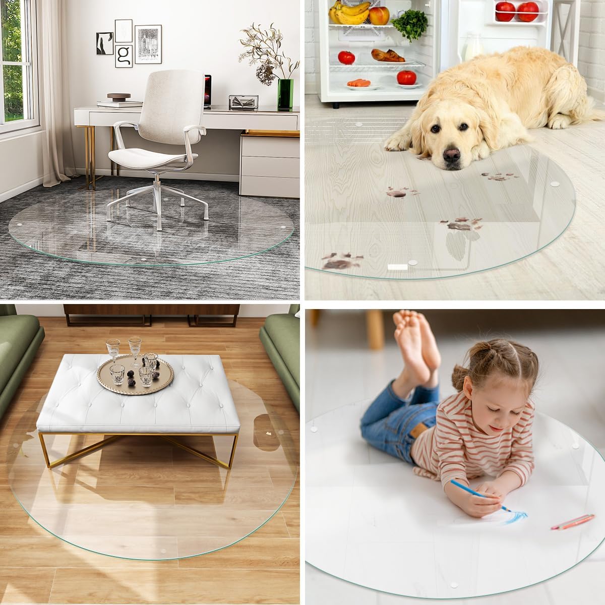 [Tempered Glass] 55" x 55" Round Glass Chair Mat, Heavy Duty Hard Floor Mat with Round Corner and