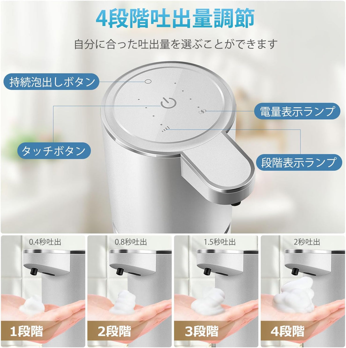 Automatic Foaming Soap Dispenser with 4 Adjustable Control Rechargeable Hands Free Auto Soap