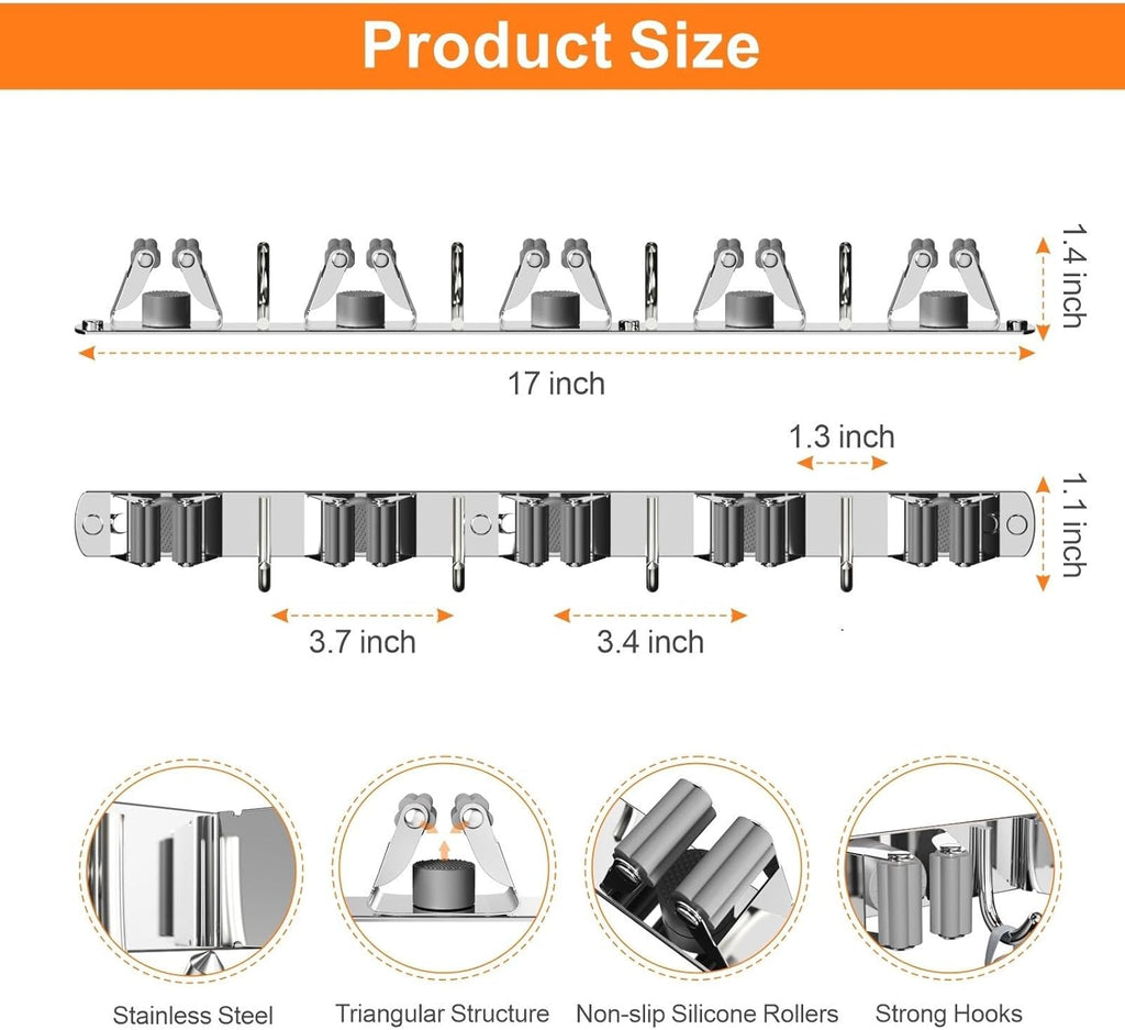 2 Pack Mop and Broom Holder Wall Mount, Non-slip Broom Hanger Wall Mount, Heavy Duty Mop Broom