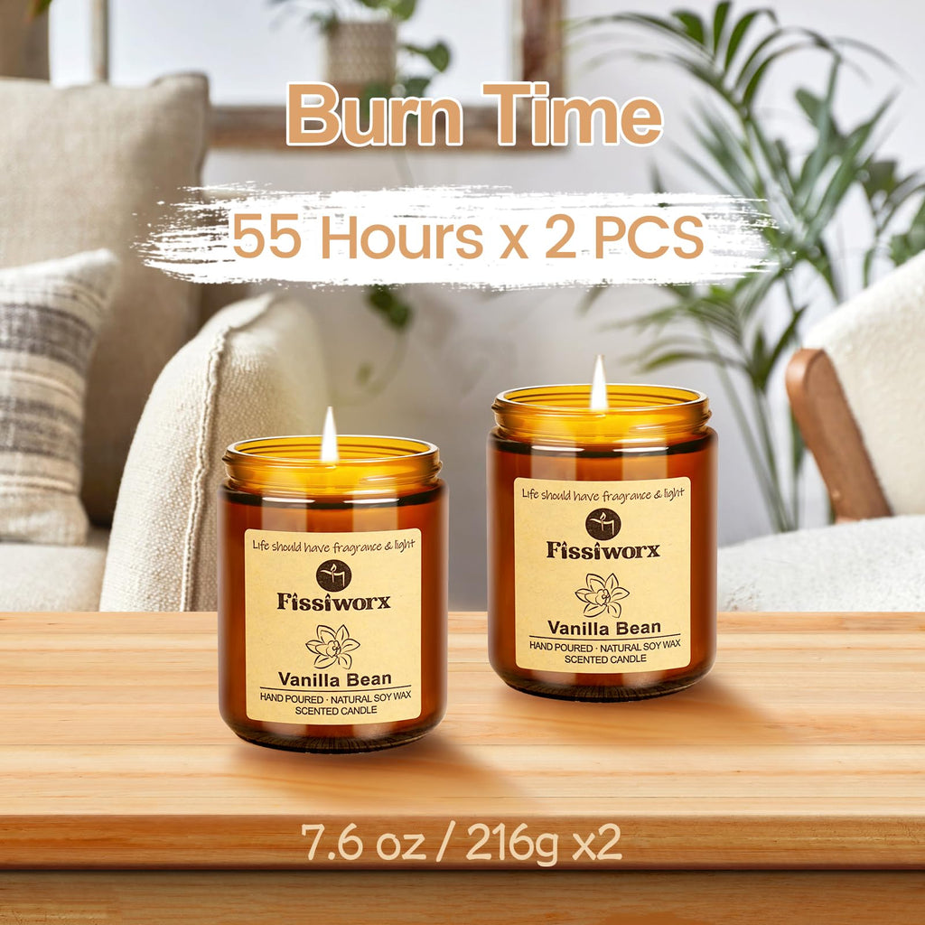 Fissiworx Vanilla Scented Candle Set 2 Pack, Candle for Home Scented, Odor Eliminating, Stress