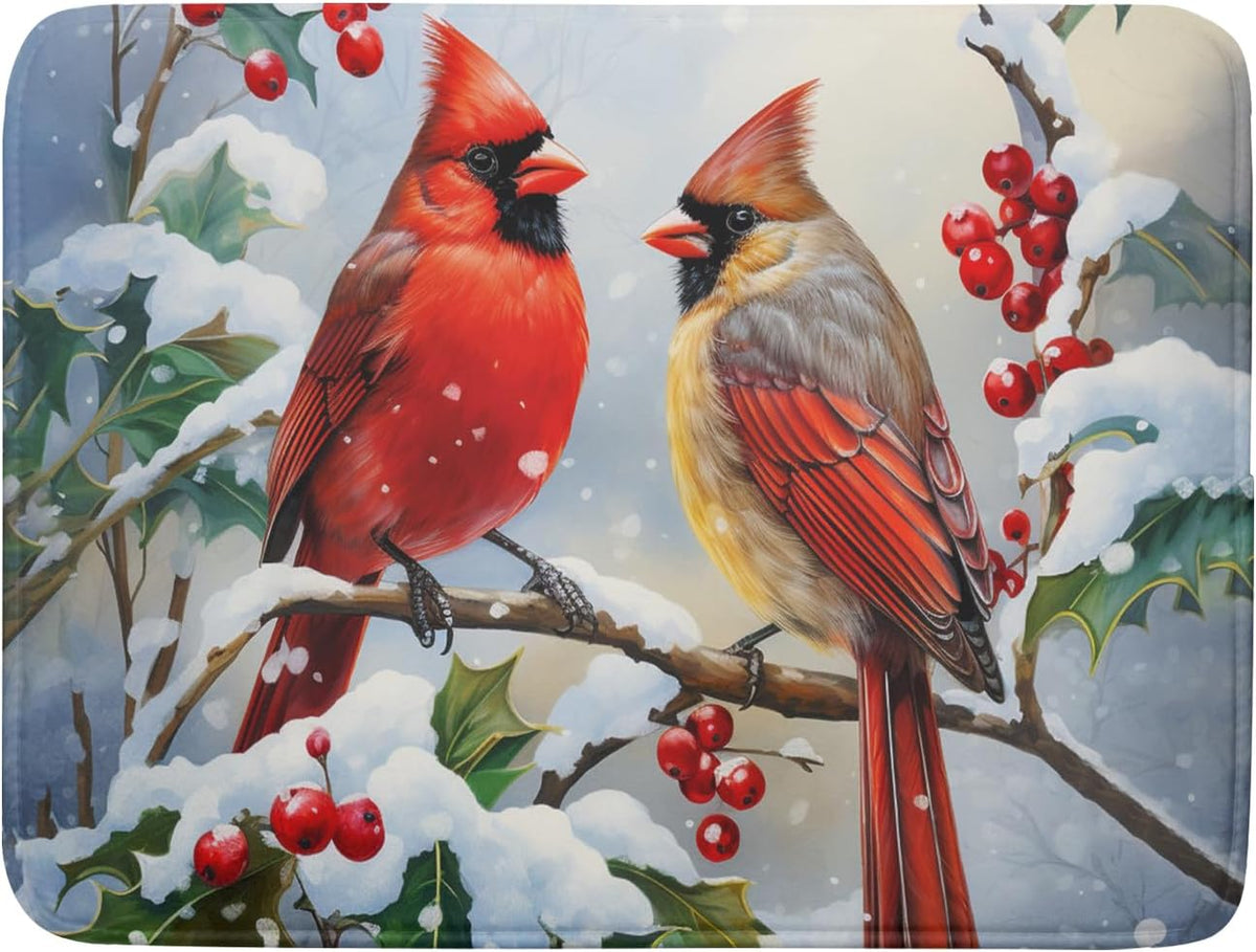Winter Cardinal Birds Dish Drying Mat, Holly Berry Branches Dish Drying Mat for Kitchen Counter