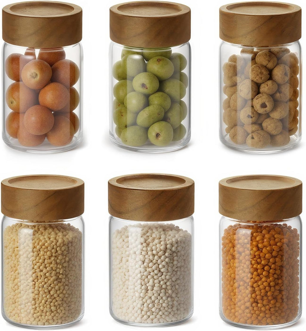 6pc Glass Mason Jars with Acacia Wood Airtight Lids - Overnight Oats & Food Storage Container Set