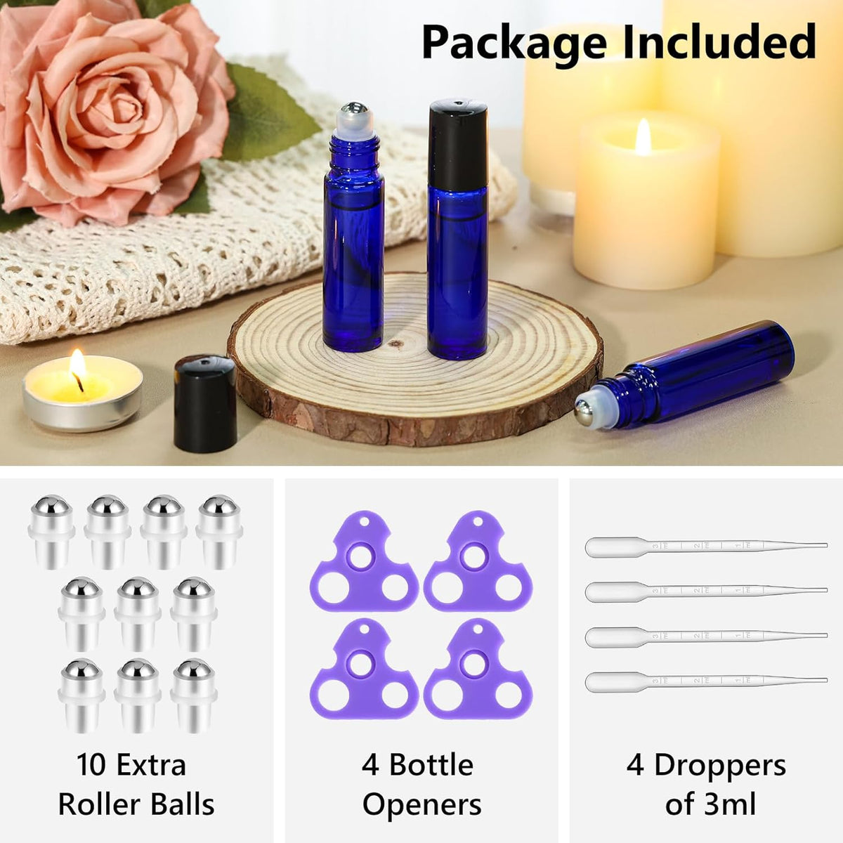 KEYWING 54 Pack Blue Essential Oil Roller Bottles – 10ml Glass Roll-On Bottles with Stainless Steel