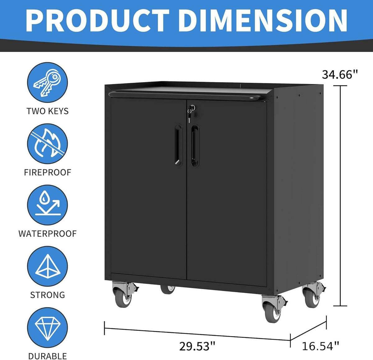 Metal Storage Cabinet with Wheels, Lockable Garage Cabinet with Doors and Shelves, Rolling Tool