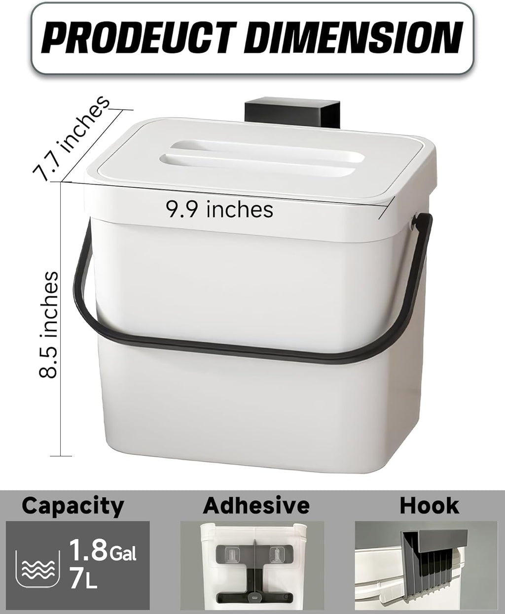 Kitchen Compost Bin - 1.8 Gallons Hanging Trash Can with Lid for Kitchen Cabinet Door, Under Sink