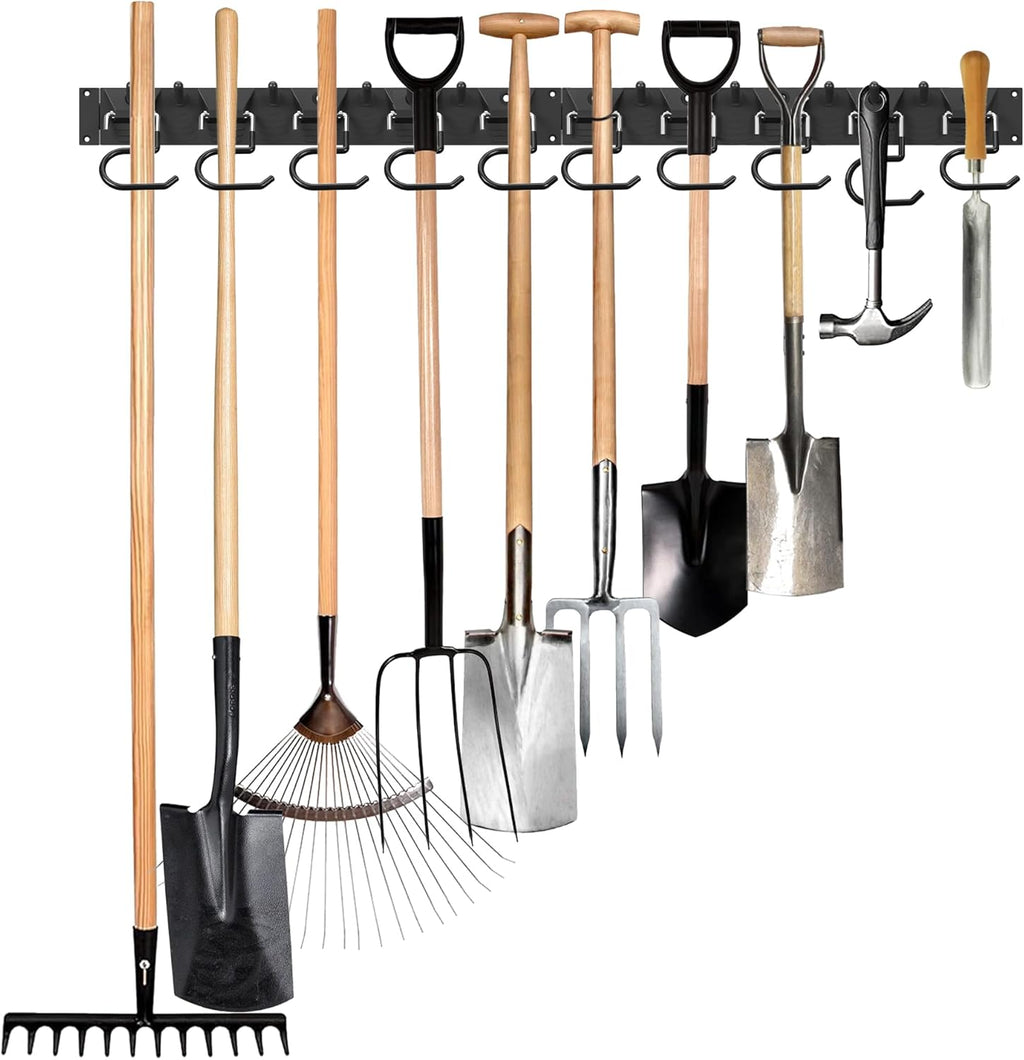 34 Inch Garden Tool Organizer Wall Mount with Non Slip Rubber Coated Metal Hooks, Storage Rack for