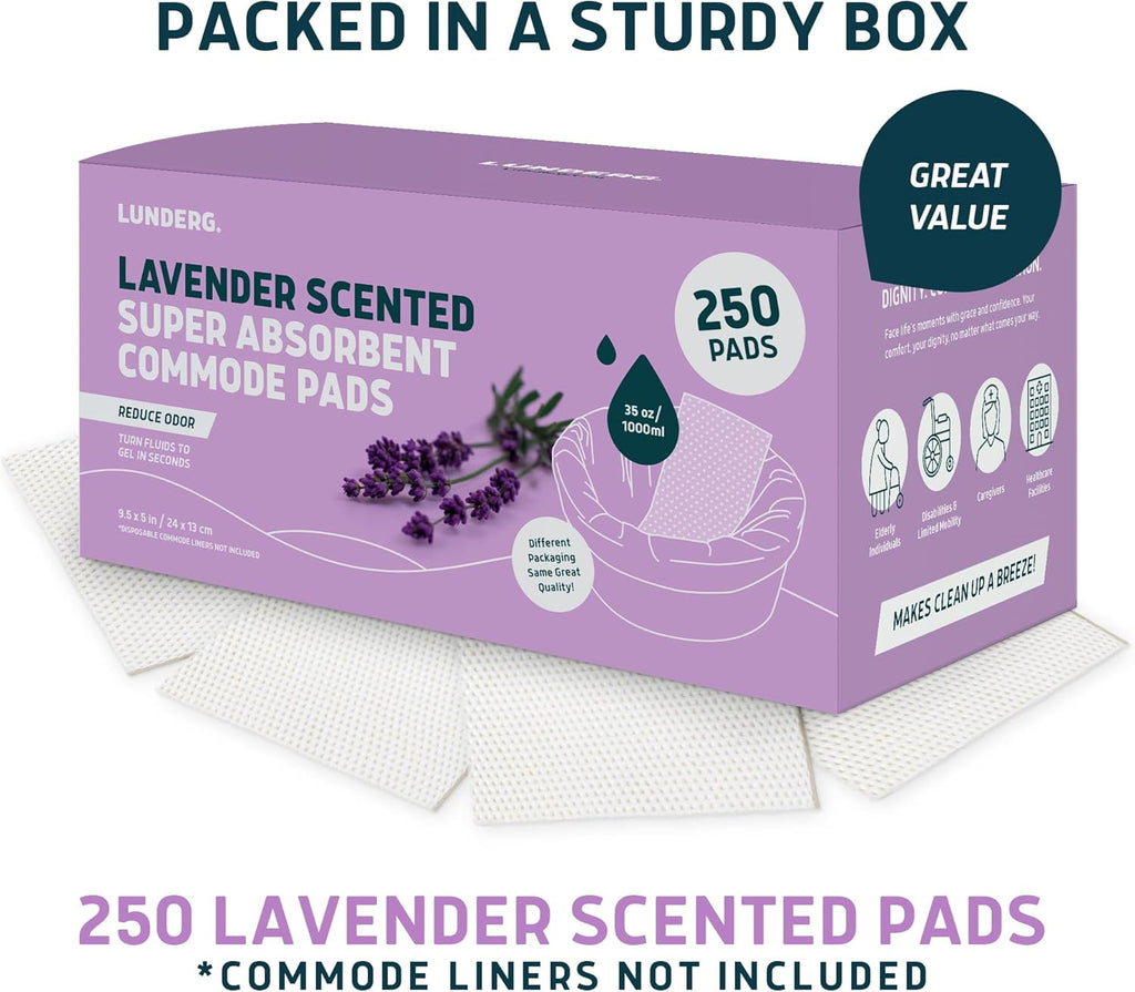 Lunderg Lavender Scented Super Absorbent Commode Pads - Medical Grade Value Pack 250 Count - for