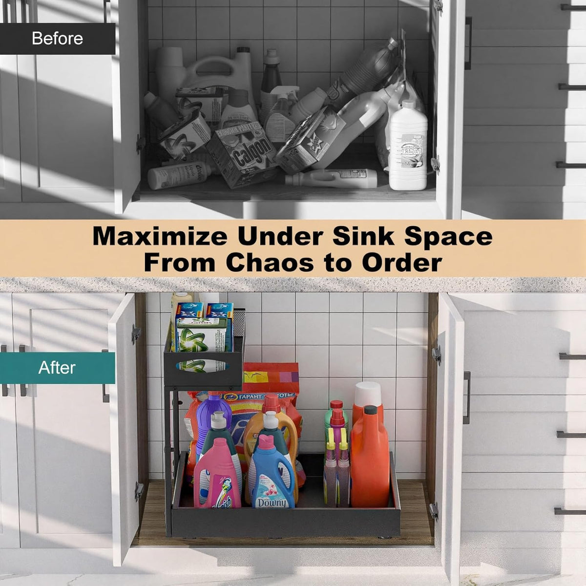 Housolution Under Sink Organizer, 13"-20" Width Expandable, 13"-17" Height Adjustable, 2 Tier Metal