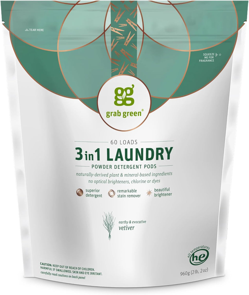 Grab Green 3-in-1 Laundry Detergent Pods, 60 Count, Vetiver Scent, Plant and Mineral Based