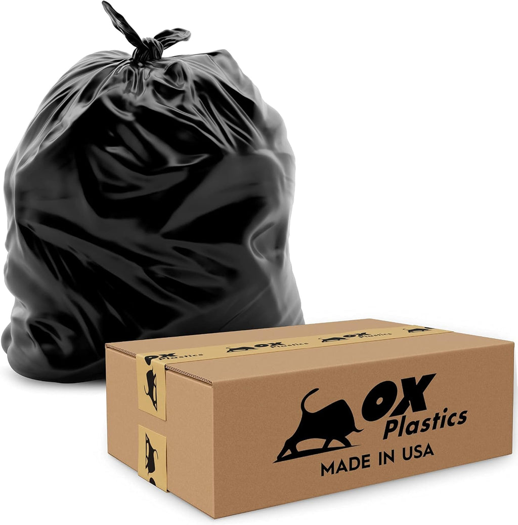 Ox Plastics Trash Can Liners Bags - Extra Heavy Duty Strength - Large Garbage, Leak-Proof &