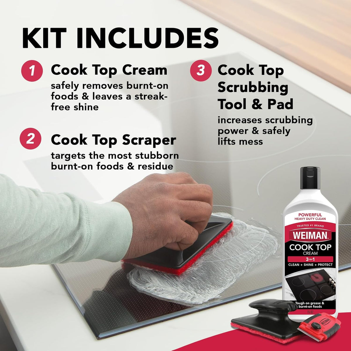 Weiman Glass Cooktop Cleaner Kit - Remove Burned on Food, Grease & Grime and Polish Stovetop