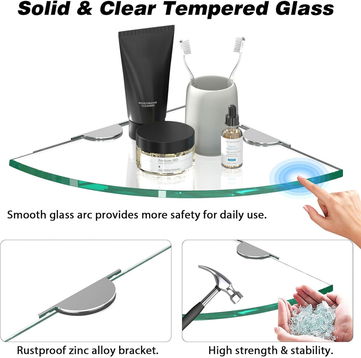 Corner Glass Shower Caddy 4 Pack 8MM-Thick Tempered Glass Shelf No Drilling Wall Mount Corner