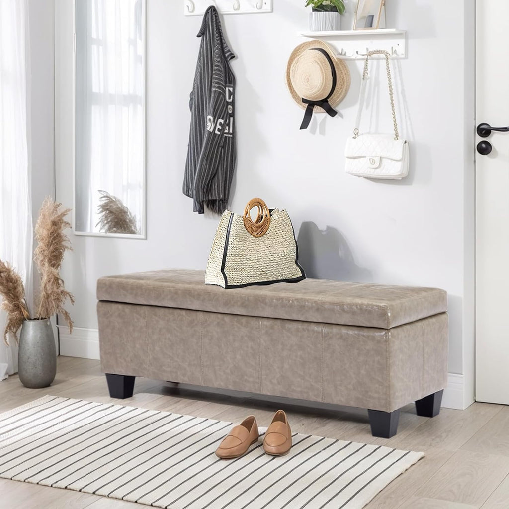 Faux Leather Ottoman with Storage, 42 Inch Rectangular Storage Ottoman Bench with Safety Hinged