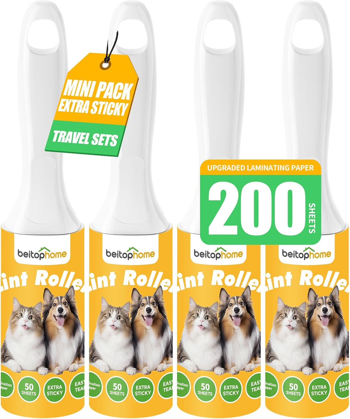 Extra Sticky Lint Roller for Pet Hairs 200 Sheets Lint Rollers for Travel 4 Pack Tough Paper, Small
