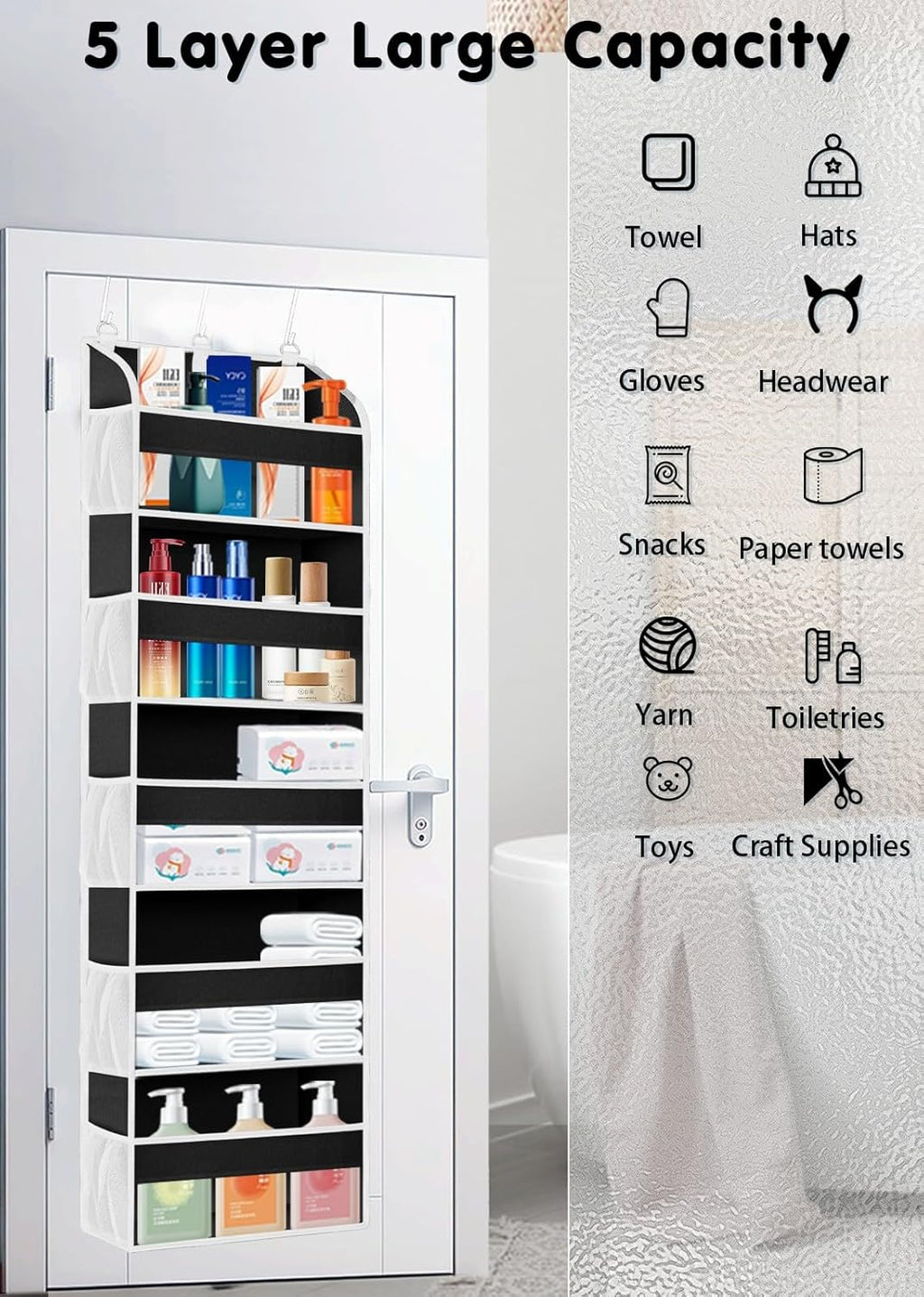 1 Pack Over The Door Storage Organizer with 5 Pockets 10 Mesh Side Pockets, 44 lbs Weight Capacity