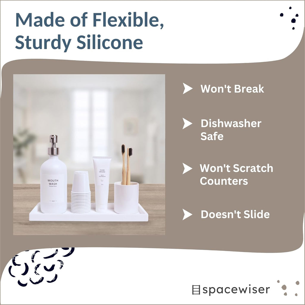 Countertop and Vanity Tray - 2 PC Large 11.7" Silicone Bathroom Trays, Counter Organizer, Dish Soap