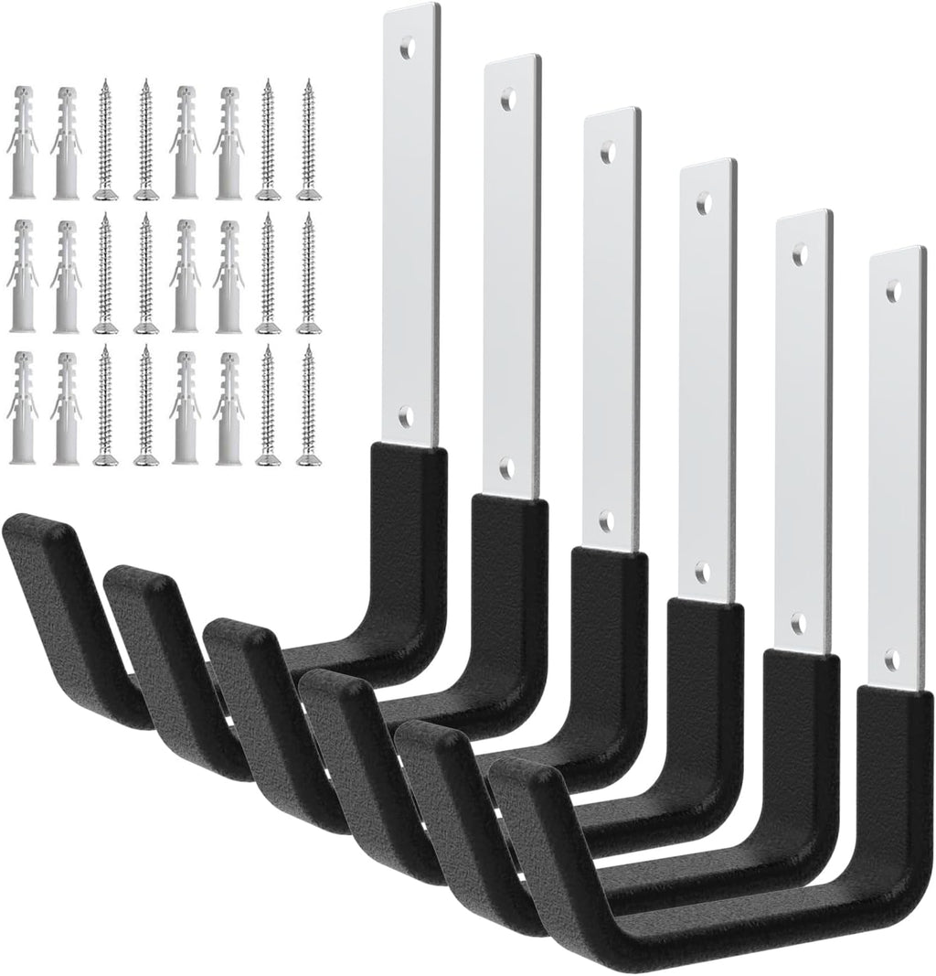 Heavy Duty Utility Hooks - Wall Mount, Hooks for Garage, Hose, Bike, Ladder, Leaf Blower Hanger (6