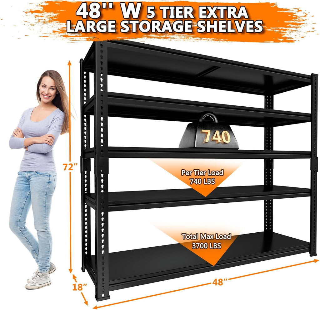 Storage Shelves Heavy Duty, 48"L x 18"W x 72"H Garage Storage Shelves Unit Loads 3700LBS, 5-tier