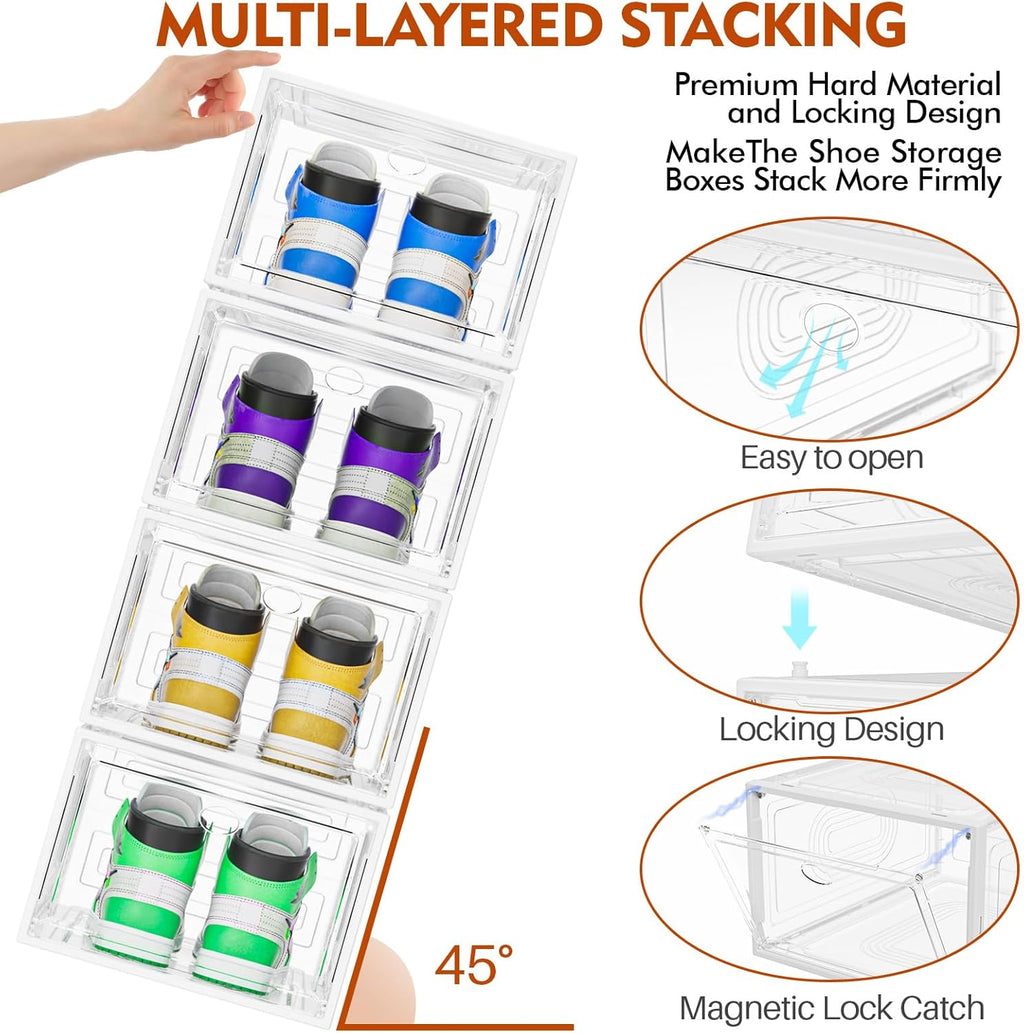 6 Pack Thicken Shoe Organizer Stackable,Upgraded Sturdy Shoe Storage Box with Magnetic Door,Shoe