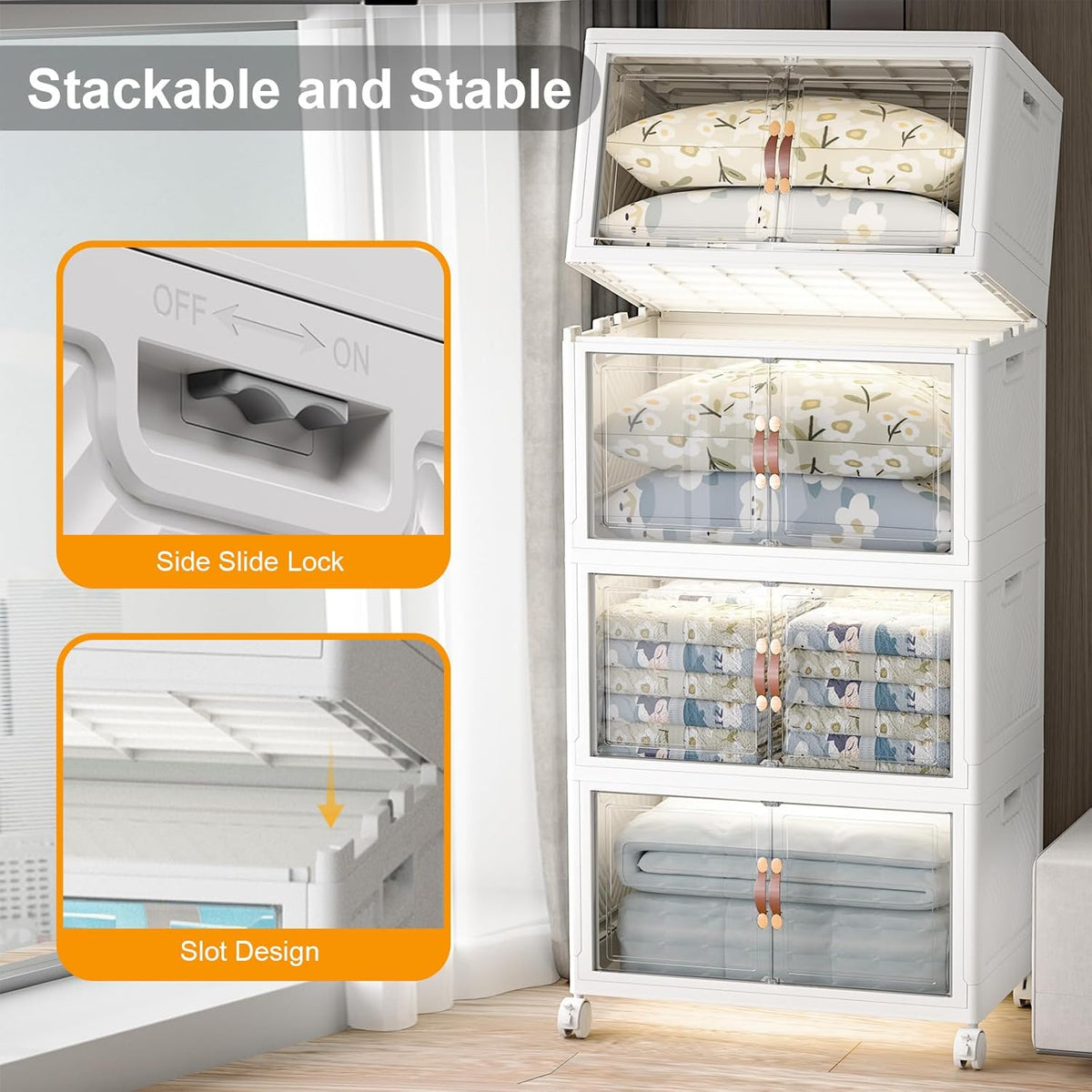 Extra Large Stackable Storage Bins with Lids & Wheels & Door, 640QT-160QT/40GAL*4Pack Foldable